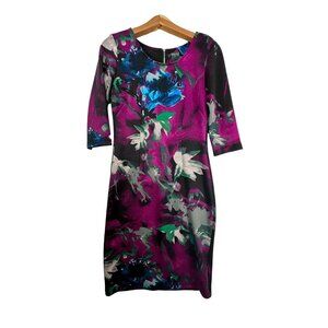 Gabby Skye Women Dress Sz 6 Magental Floral Scuba Knit 3/4-Slv BizCasual Wedding
